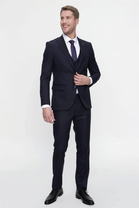Suit - Mens Navy Blue Kiton Slim Fit Slim Fit Vest Jacquard 6 Drop Suit 100351275 - Turkey
