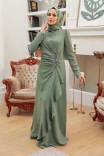 Almond Green Hijab Evening Dress 100340086