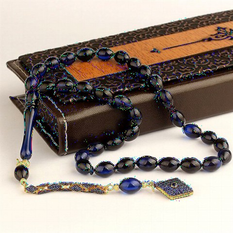 Men - Tasseled Blue Zircon Stone Embellished Spinning Amber Rosary 100349448 - Turkey