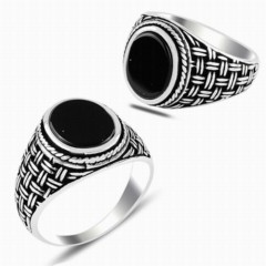 Onyx Stone Rings - Black Plain Onyx Stone Straw Knitted Patterned Silver Ring 100347887 - Turkey