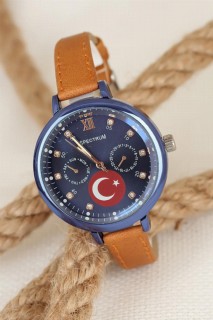Turkish Flag Design Brown Leather Band Navy Blue Case Ladies Watch 100318851