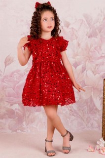Girl's Sleeves Frilly Lace Embroidered Sequin Detailed Red Evening Dress 100328732