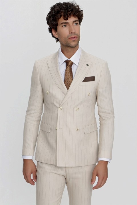 Men's Beige Slim Fit Slim Fit 6 Drop Striped Suit 100350987