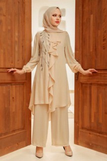 Outwear - Beige Hijab Suit Dress 100332898 - Turkey