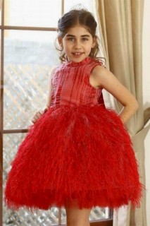 Evening Dress - Baby Girl Princess Crowned and Feathered Fluffy Red Evening Dress 100327086 - Turkey