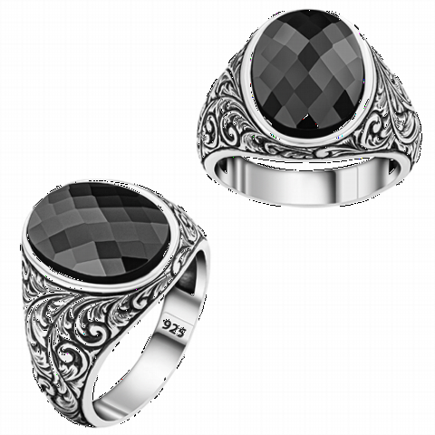 Onyx Stone Rings - Sterling Silver Men's Ring with Black Zircon Stones on the Sides 100350322 - Turkey