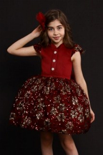 Evening Dress - Girl's New Tiny Sultan Buttoned Fluffy Claret Red Evening Dress 100327109 - Turkey