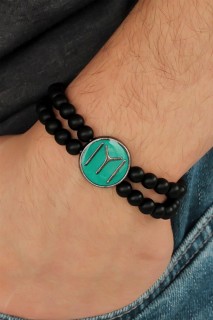 Black Color Double Row Natural Stone Men's Bracelet With A KayÄ± Length Figure On Green Colored Metal 100318442