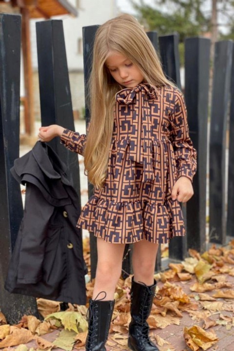 Girl Kids Layered Collar Black Trench Coat Geometric Patterned Dress 100327222
