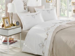 Cotton Satin Duvet Cover Set With Lace Favorite Embroidery Beige 100259767