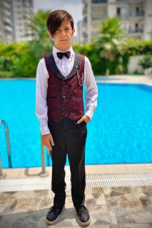 Suits - Boy's DeepSEA Patterned Double Buttoned Bowtie Claret Red Bottom Top Suit 100328694 - Turkey