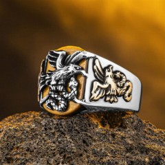 Eagle and Snake Model Tiger Eye Stone Silver Ring 100346387