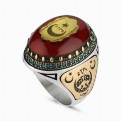 Amber Stone Gokturk Turkish Wolf Motif Sterling Silver Men's Ring 100348238