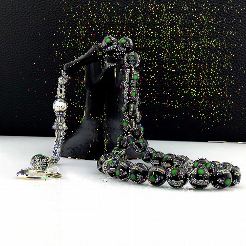 Rosary - Green Enamel Erzurum Oltu Stone Silver Tasseled Rosary 100349869 - Turkey
