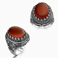 Silver Rings 925 - Red Agate Sterling Silver Ring With Agate Stone 100346350 - Turkey