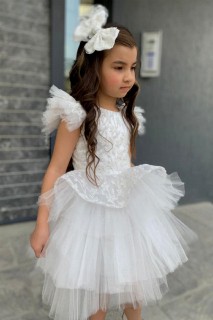 Girl's Shoulder Tulle and Glitter Embroidered Fluffy White Evening Dress 100328224