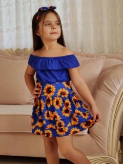Girl's Sunflower Patterned Flywheel Skirt Blue Suit 100326742