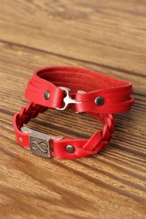 Others - Patterned Metal Accessory Red Color Leather Men's Bracelet Combination 100318713 - Turkey