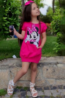Girl Clothing - فستان بناتي صيفي بقلنسوة نصف كم مطبوع عليه ميني بناتي 100328437 - Turkey