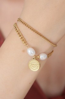 Bracelet - Gold Color Pearl Double Steel Women's Bracelet 100327991 - Turkey