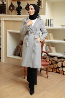 Coat - معطف حجاب رمادي مطبوع 100344952 - Turkey