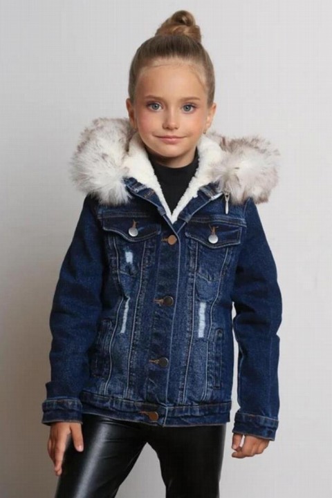 Coat, Trench Coat - Girls' Hooded Pull-On White Fur Denim Coat 100328708 - Turkey