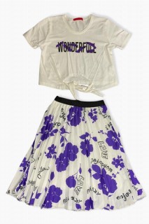 Girls - Tailleur jupe plissée lilas fleuri avec texte pailleté pour fille 100327253 - Turkey