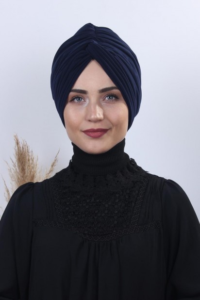 Woman Bonnet & Turban - دو طرفه رز گره استخوانی آبی سرمه ای - Turkey