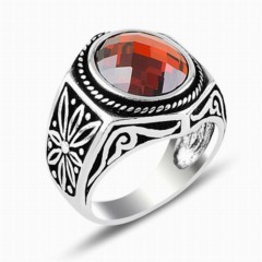 Red Zircon Stone Side Flower Patterned Sterling Silver Ring 100347846