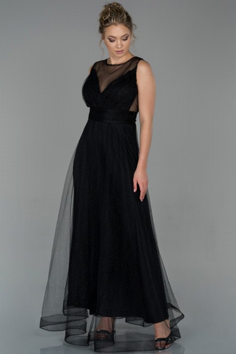 Woman Clothing - Evening Dress Sleeveless Fishnet Organza Long Evening Dress 100297356 - Turkey