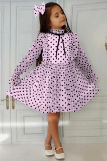 Kids - Girl's Sleeves Transparent Ruffle Detailed and Polka Dot Pink Dress 100328199 - Turkey