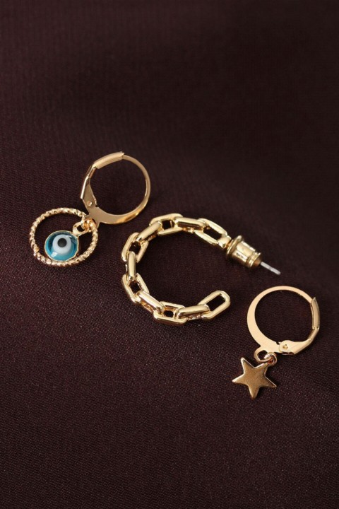 Earrings - Evil Eye Beaded Gold Color Metal Star Detailed Multiple Earrings 100319585 - Turkey