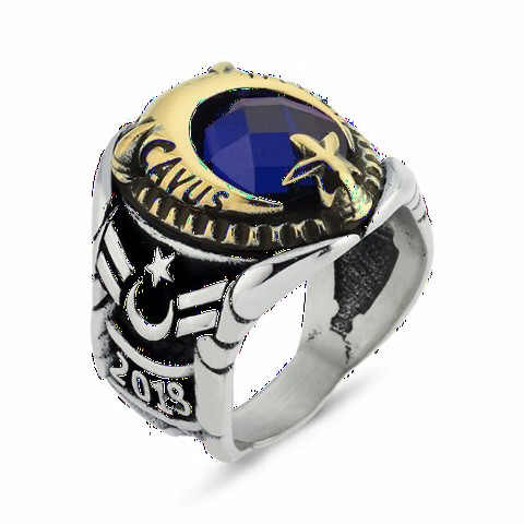 mix - Master Sergeant Ring Moon Star Patterned Silver Men's Ring Blue 100348869 - Turkey