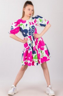 Girl Clothing - فستان بناتي بأكمام بالون بطبعة زهور وسحاب خلفي ملون 100327266 - Turkey
