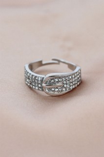 Rings - Silver Color Metal Belt Model Adjustable Zircon Stone Ring 100319383 - Turkey