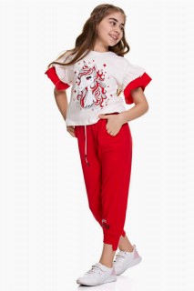 Tracksuits, Sweatshirts - Girl's Sleeves Frilly and Unicorn Pony Printed Red Tracksuit Suit 100328255 - Turkey