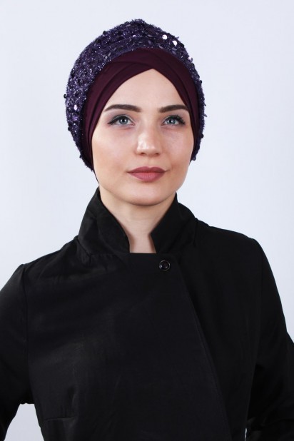 Woman Bonnet & Hijab - Draped Sequin Bonnet Purple 100284890 - Turkey