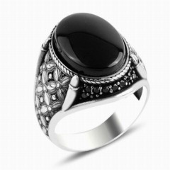 Onyx Stone Rings - Stone Claw Model Black Onyx Silver Men's Ring 100348037 - Turkey
