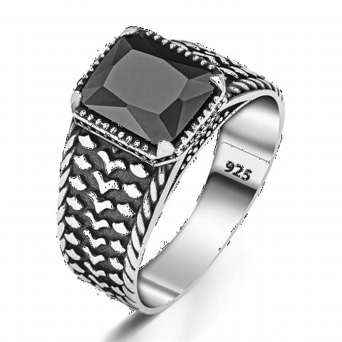 Rope Patterned Black Zircon Stone Silver Ring 100350383