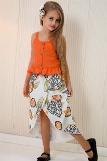 Girl Clothing - Girl's Front Buttoned Ruffle Waist and Leaf Patterned Orange Skirt Suit 100327281 - Turkey