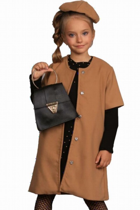 Coat, Trench Coat - Girl's Brown Cachet Vest Beaded Embroidered Bag and Hat Dress 100327299 - Turkey