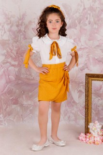 Kids - Baby Girl Collar Sleeves Bow Elastic Waist Tie Mustard Shorts Set 100328417 - Turkey