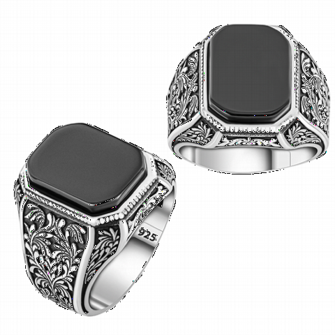 Onyx Stone Rings - Ottoman Motif Embroidered Black Onyx Stone Silver Ring 100350307 - Turkey