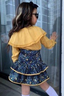 Girl's Collar Flywheel Floral Printed Mustard Velvet Skirt Suit 100344704