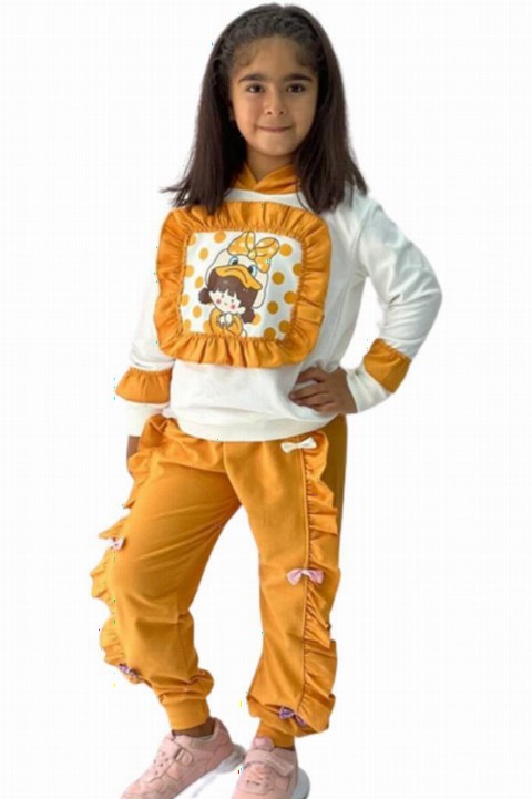 Tracksuits, Sweatshirts - Girl Duck Printed Ruffle Detailed Hooded Yellow Tracksuit Suit 100330971 - Turkey