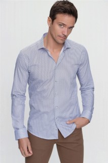 Top Wear - Men's Navy Blue 100% Cotton Vermont Slim Fit Slim Fit Printed Solid Collar Long Sleeve Shirt 100350683 - Turkey