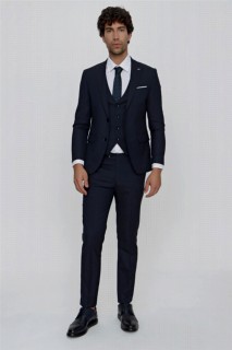 Suit - بدلة ضيقة من جاكار جاكار كحلي للرجال بمقاس نحيف 100351007 - Turkey