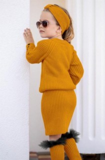 Girl's Fancy Mustard Knitwear Skirt Suit 100326635