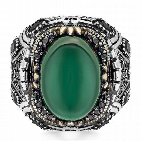 Green Agate Stone Drop Stone Embroidered Silver Ring 100349827
