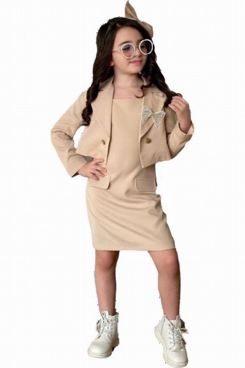 Outwear - Girl Butterfly Brooch and Crown Blazer Jacketed Strap Beige Dress 100327393 - Turkey